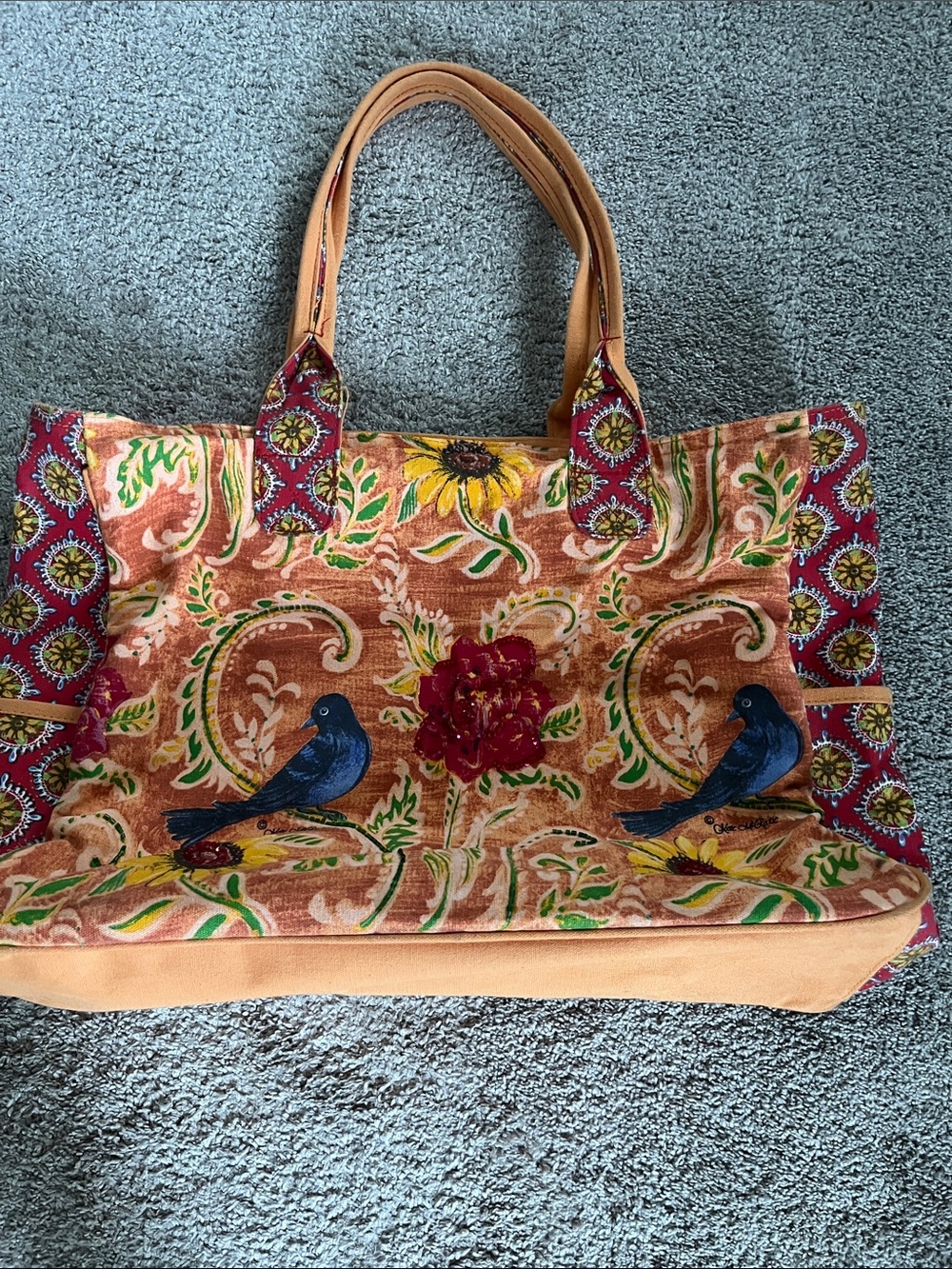 Beaded colorful Floral & Bird Tote Bag in Peach